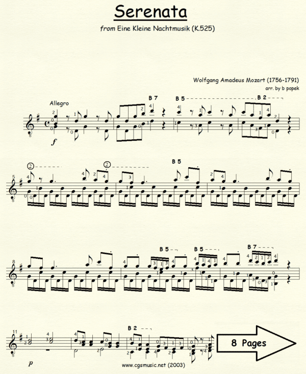Serenata from Eine Kleine Nachtmusik Mozart for Classical Guitar in Standard Notation