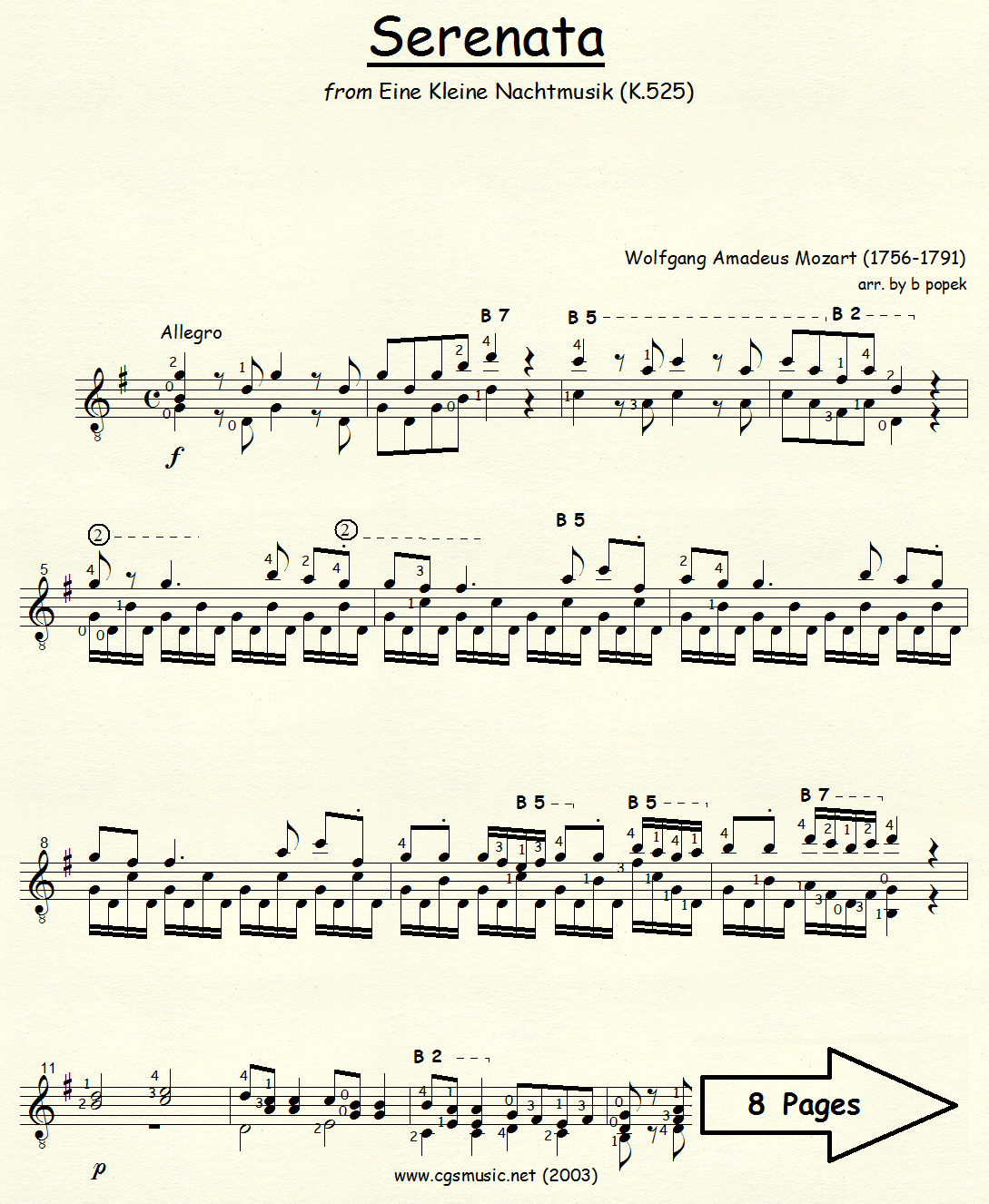 Serenata from Eine Kleine Nachtmusik (Mozart) for Classical Guitar in Standard Notation