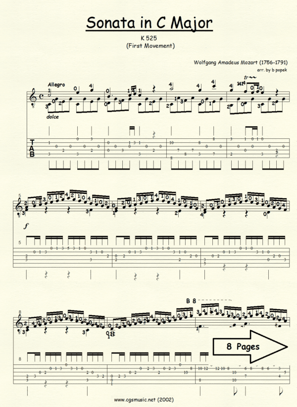Sonata in C Major K 525 Mozart for Classical Guitar in Tablature