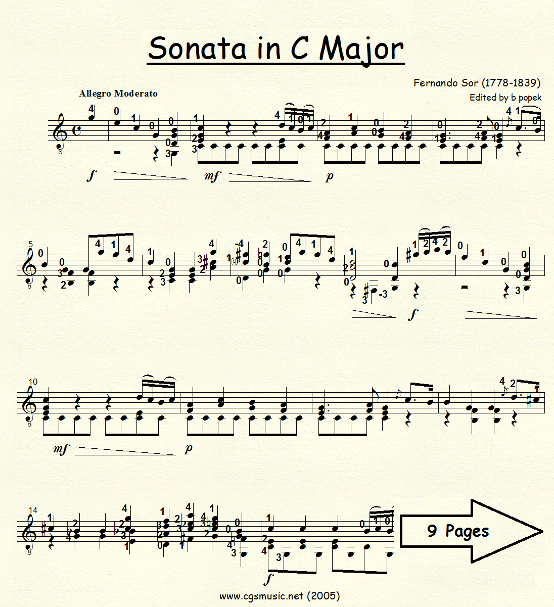 Sonata in C Major (Sor) for Classical Guitar in Standard Notation