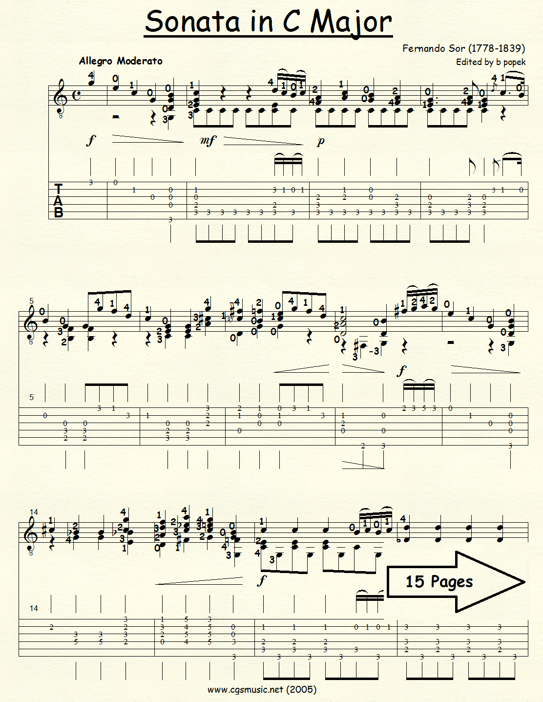 Sonata in C Major (Sor) for Classical Guitar in Tablature
