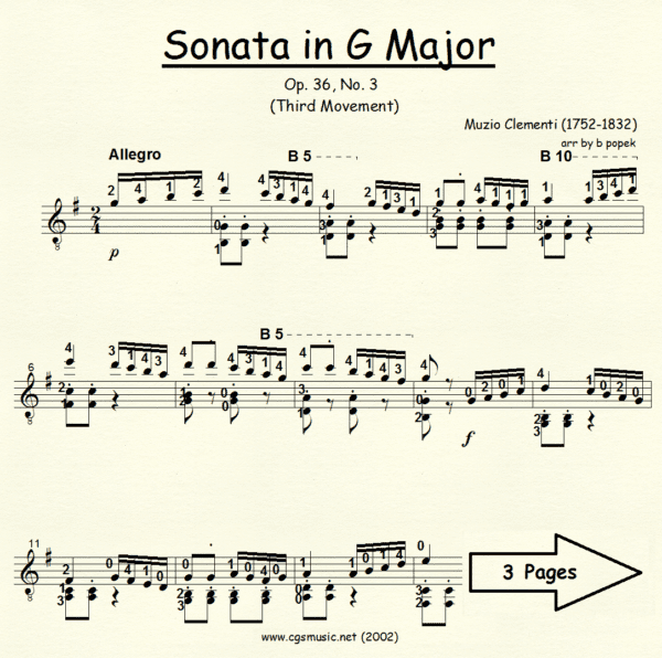 Sonata in G Major Clementi for Classical Guitar in Standard Notation