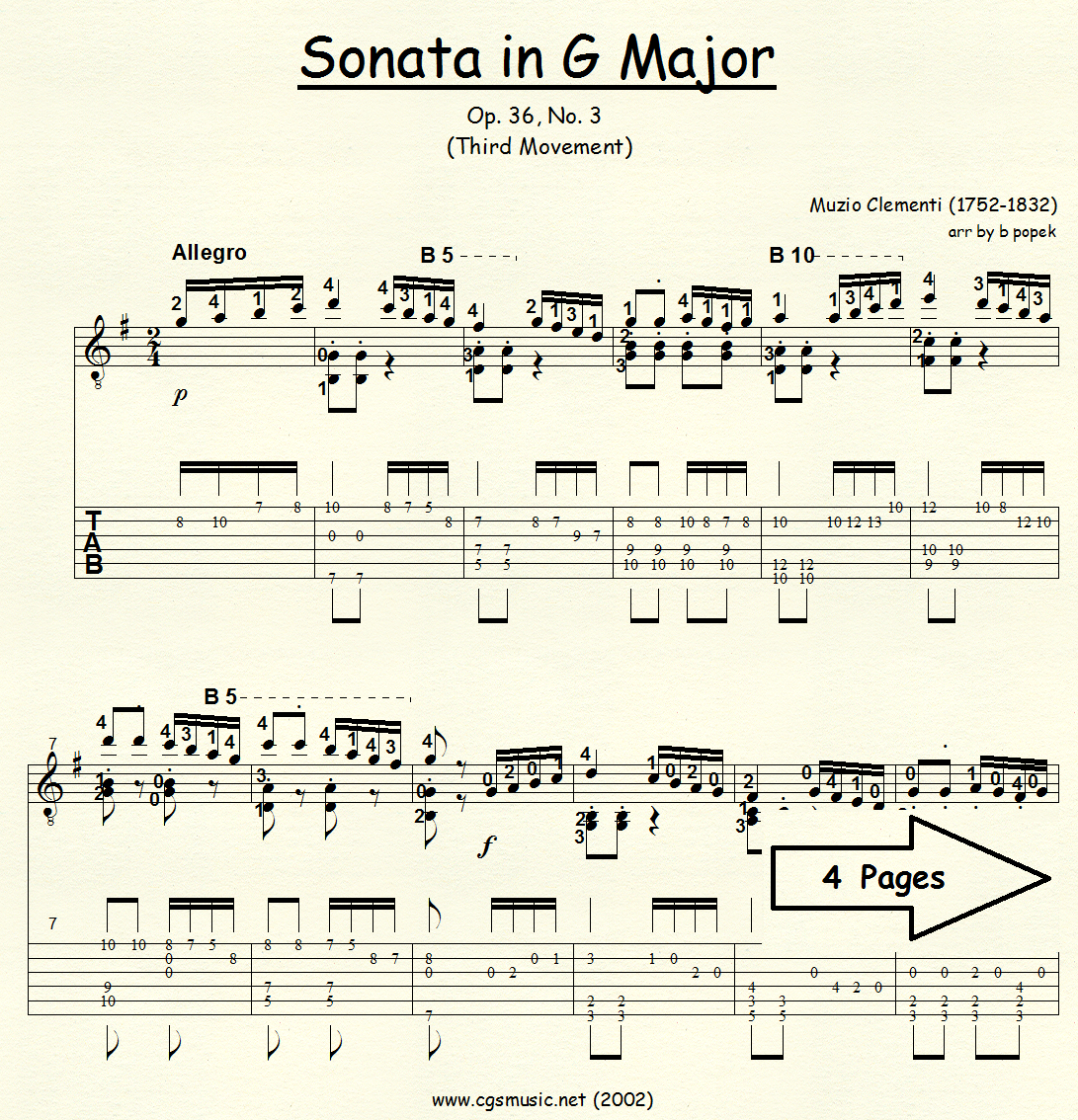Sonata in G Major (Clementi) for Classical Guitar in Tablature