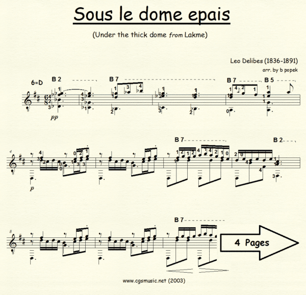 Sous le dome epais Delibes for Classical Guitar in Standard Notation