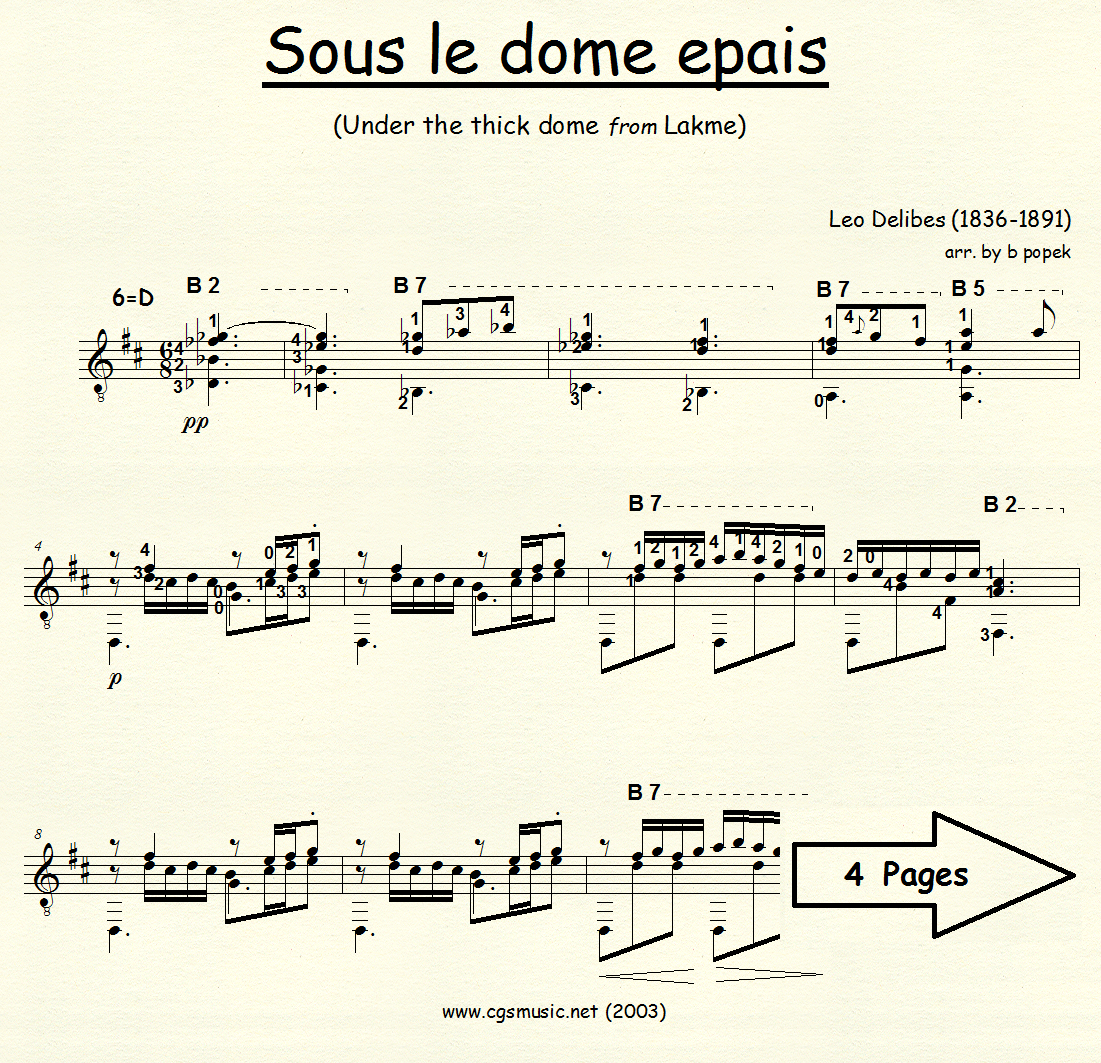 Sous le dome epais (Delibes) for Classical Guitar in Standard Notation