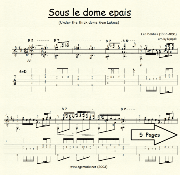 Sous le dome epais Delibes for Classical Guitar in Tablature