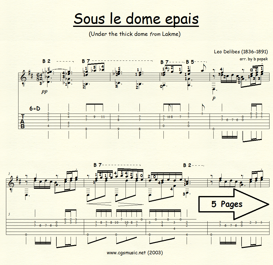 Sous le dome epais (Delibes) for Classical Guitar in Tablature
