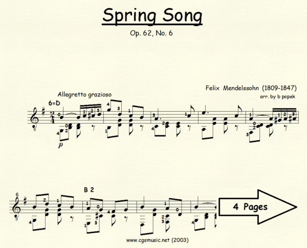 Spring Song Mendelssohn for Classical Guitar in Standard Notation