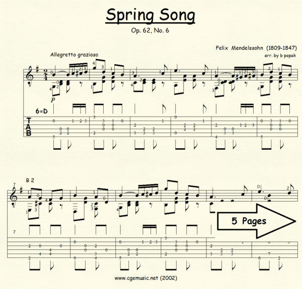 Spring Song Mendelssohn for Classical Guitar in Tablature