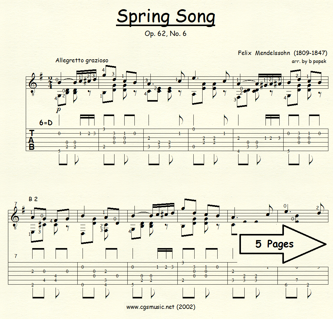 Spring Song (Mendelssohn) for Classical Guitar in Tablature