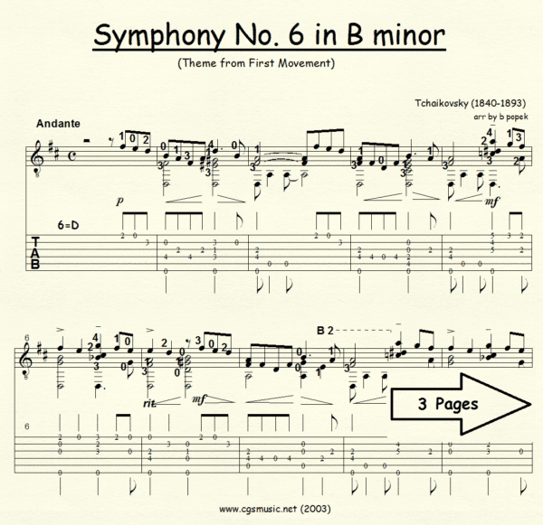 Symphony 6 in B minor Tchaikovsky for Classical Guitar in Tablature