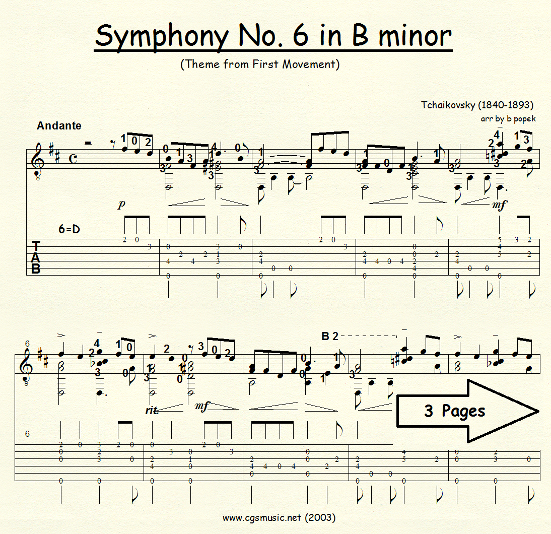 Symphony #6 in B minor (Tchaikovsky) for Classical Guitar in Tablature