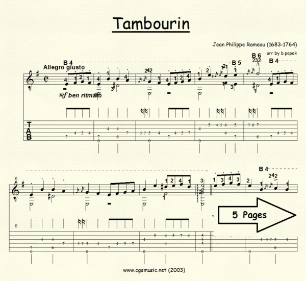 Tambourin Rameau for Classical Guitar in Tablature