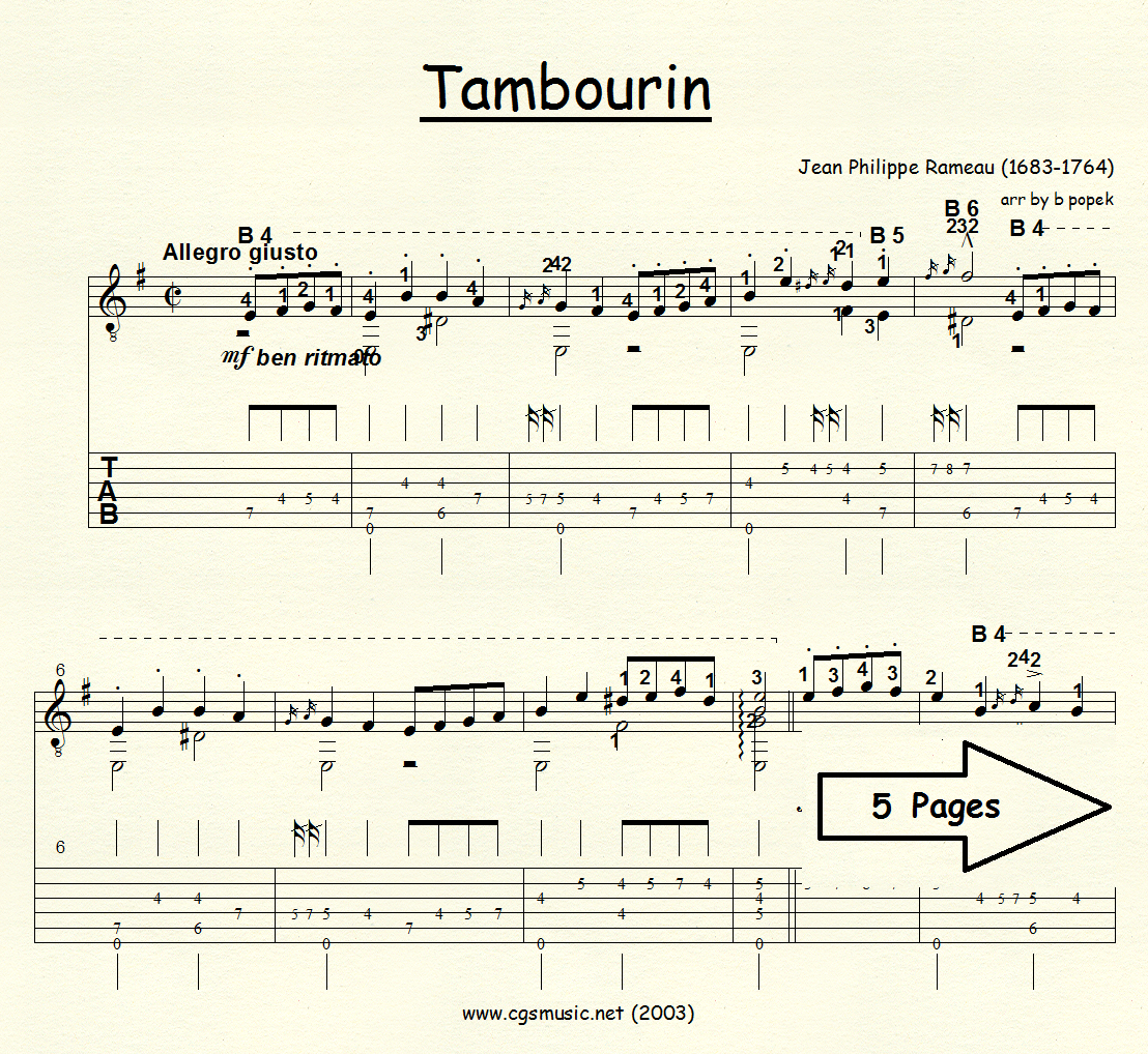 Tambourin (Rameau) for Classical Guitar in Tablature