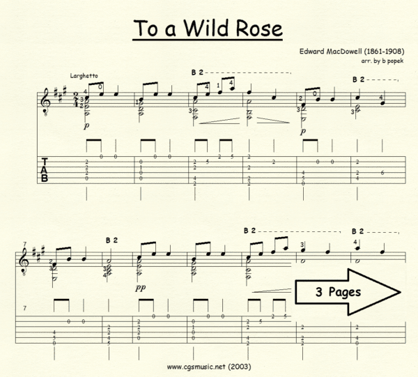 To a Wild Rose MacDowell for Classical Guitar in Tablature