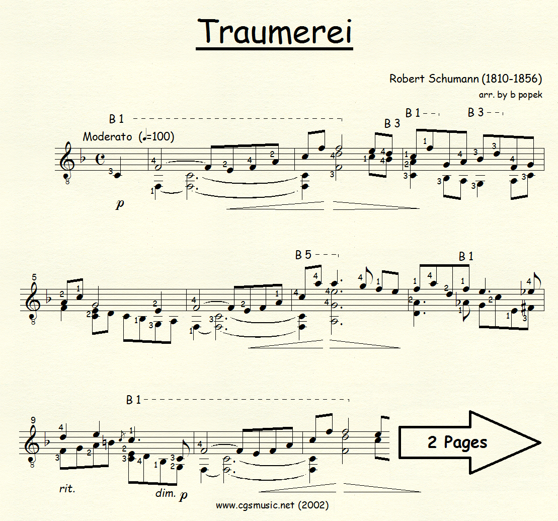 Traumerei (Schumann) for Classical Guitar in Standard Notation