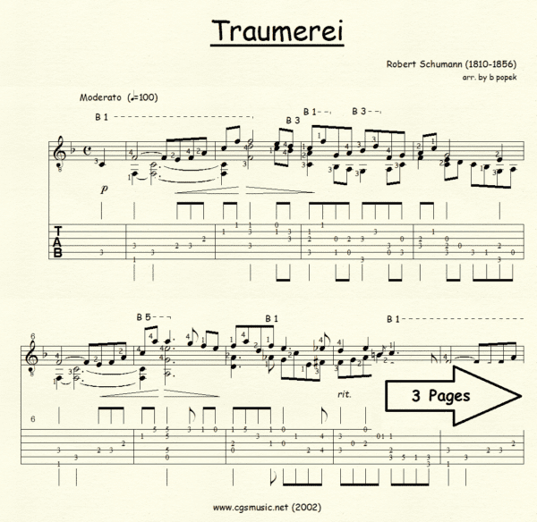 Traumerei Schumann for Classical Guitar in Tablature