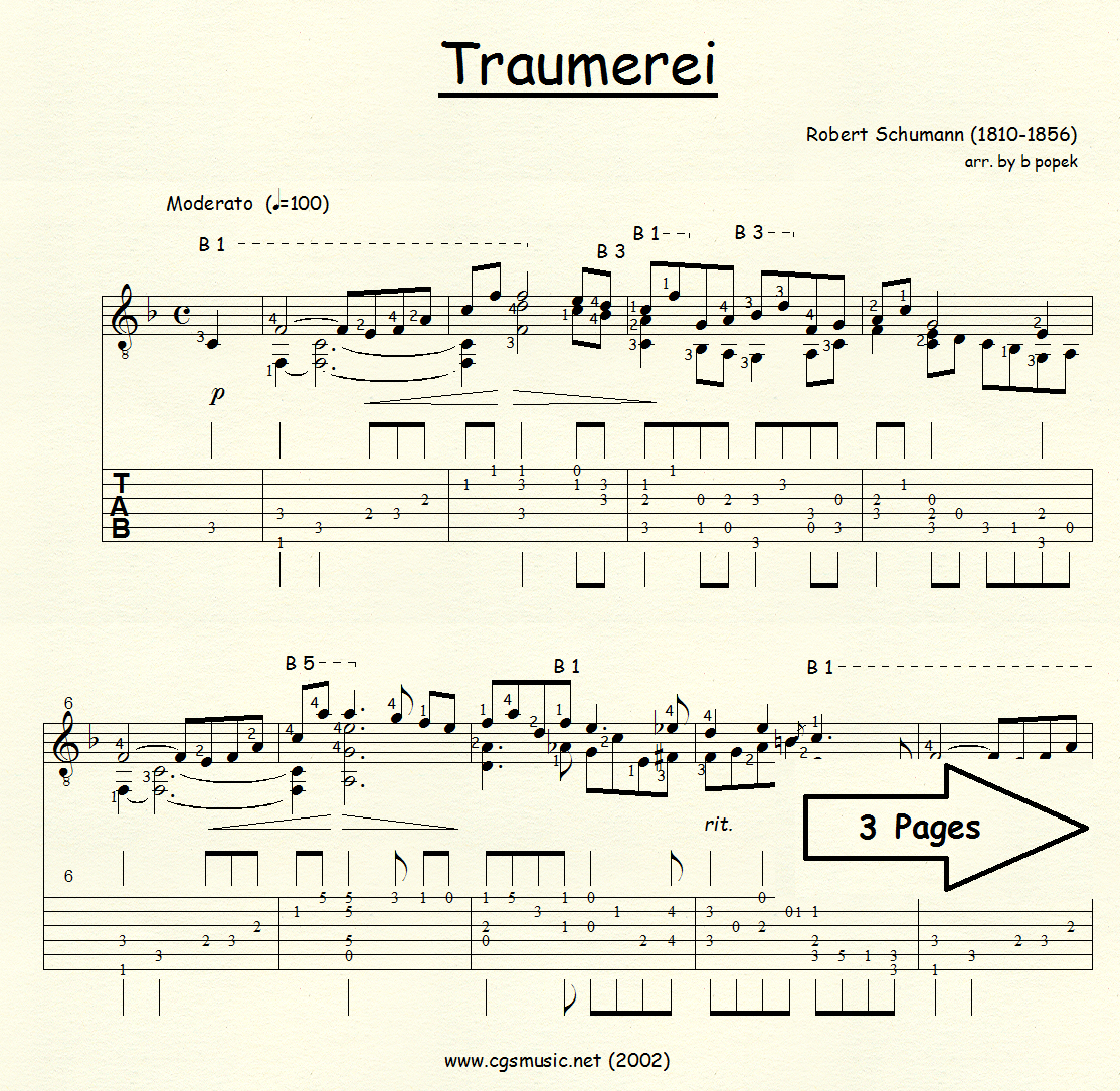 Traumerei (Schumann) for Classical Guitar in Tablature
