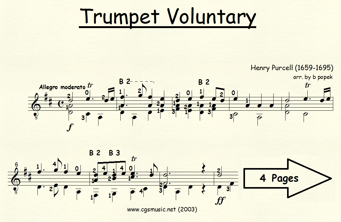 Trumpet Voluntary (Purcell) for Classical Guitar in Standard Notation
