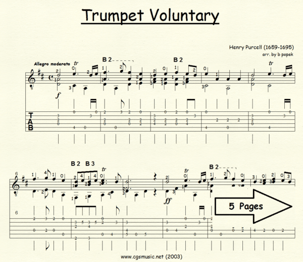 Trumpet Voluntary Purcell for Classical Guitar in Tablature