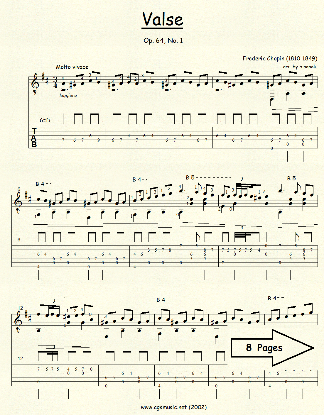 Valse Op 64 #1 (Chopin) for Classical Guitar in Tablature