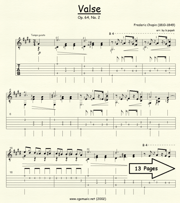 Valse Op 64 2 Chopin for Classical Guitar in Tablature