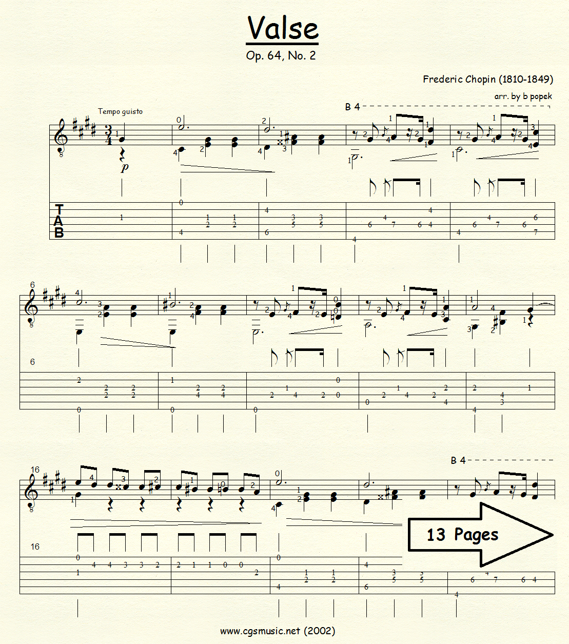 Valse Op 64 #2 (Chopin) for Classical Guitar in Tablature