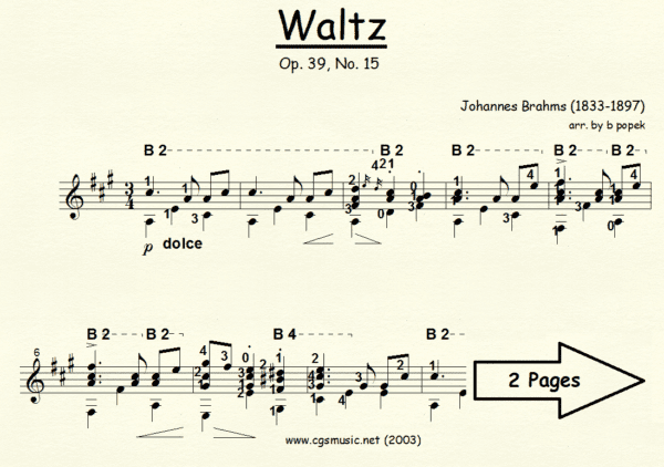 Waltz Op 39. 15 Brahms for Classical Guitar in Standard Notation