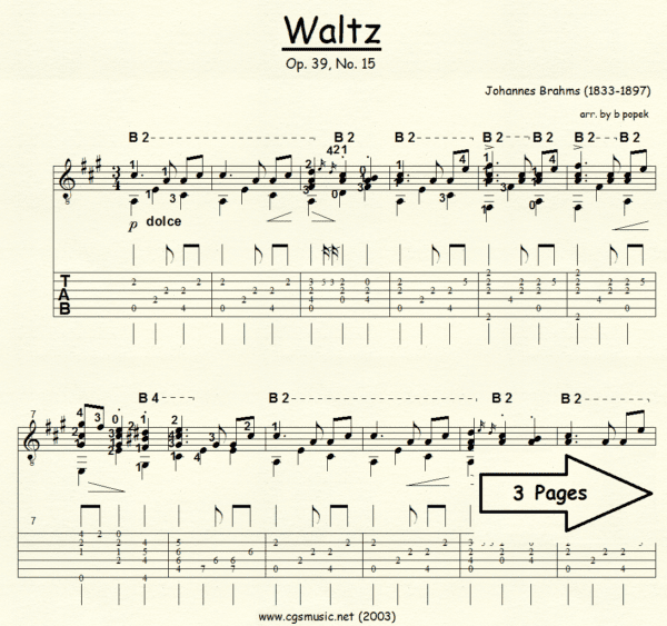Waltz Op 39. 15 Brahms for Classical Guitar in Tablature