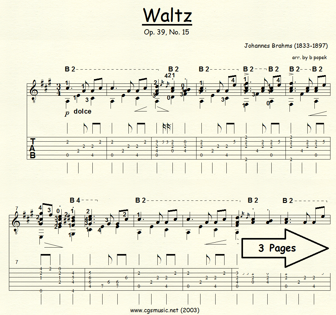Waltz Op 39. #15 (Brahms) for Classical Guitar in Tablature