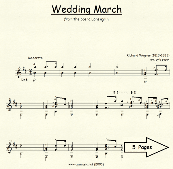 Wedding March Wagner from the opera Lohengrin for Classical Guitar in Standard Notation
