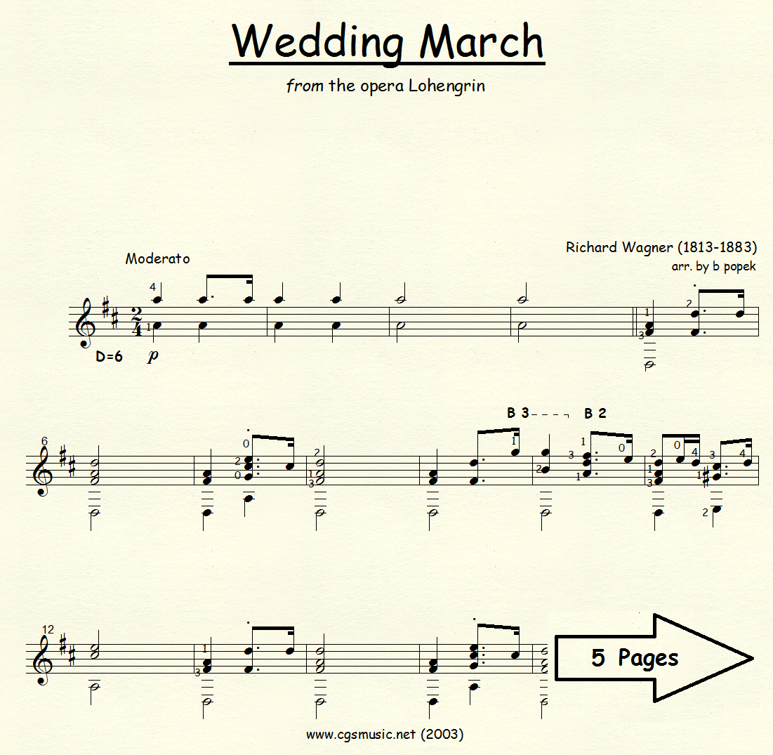 Wedding March (Wagner) from the opera Lohengrin for Classical Guitar in Standard Notation