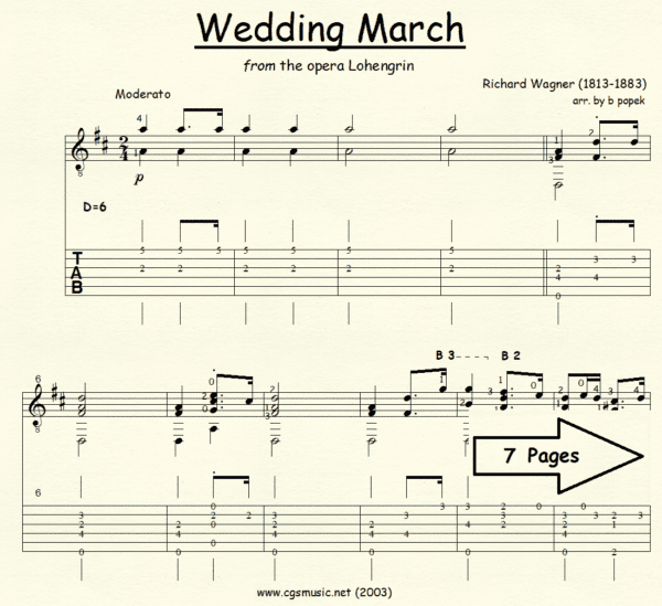 Wedding March Wagner from the opera Lohengrin for Classical Guitar in Tablature