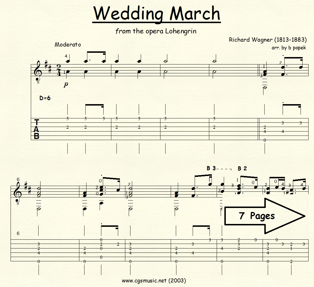 Wedding March (Wagner) from the opera Lohengrin for Classical Guitar in Tablature