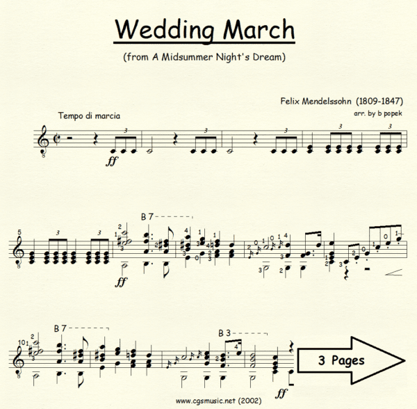 Wedding March from A Midsummer Nights Dream Mendelssohn for Classical Guitar in Standard Notation
