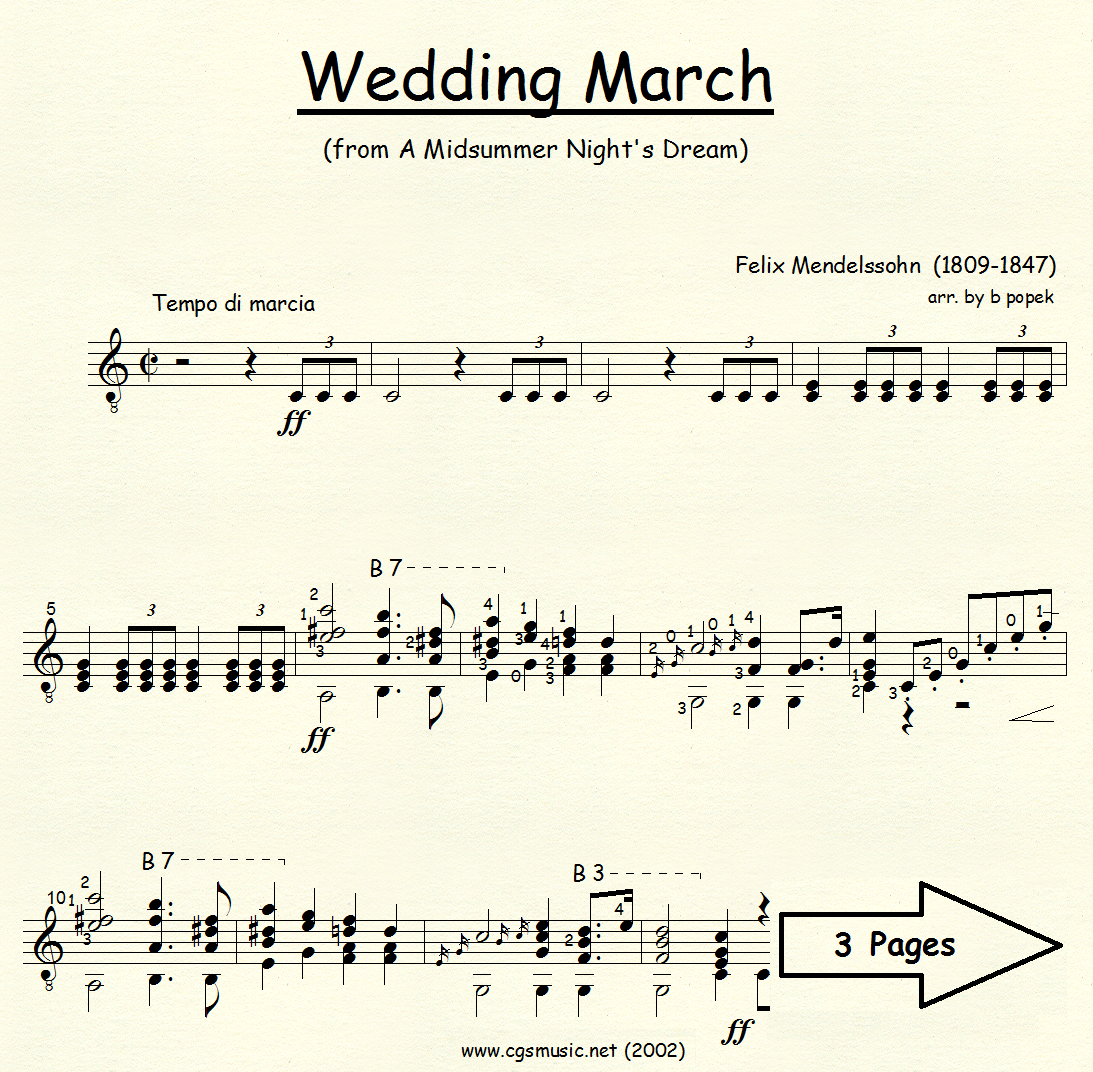 Wedding March from A Midsummer Night's Dream (Mendelssohn) for Classical Guitar in Standard Notation