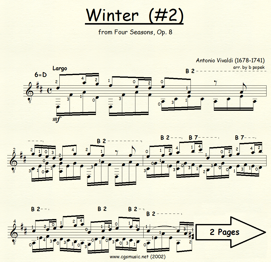 Winter #2 (Vivaldi) from Four Seasons for Classical Guitar in Standard Notation